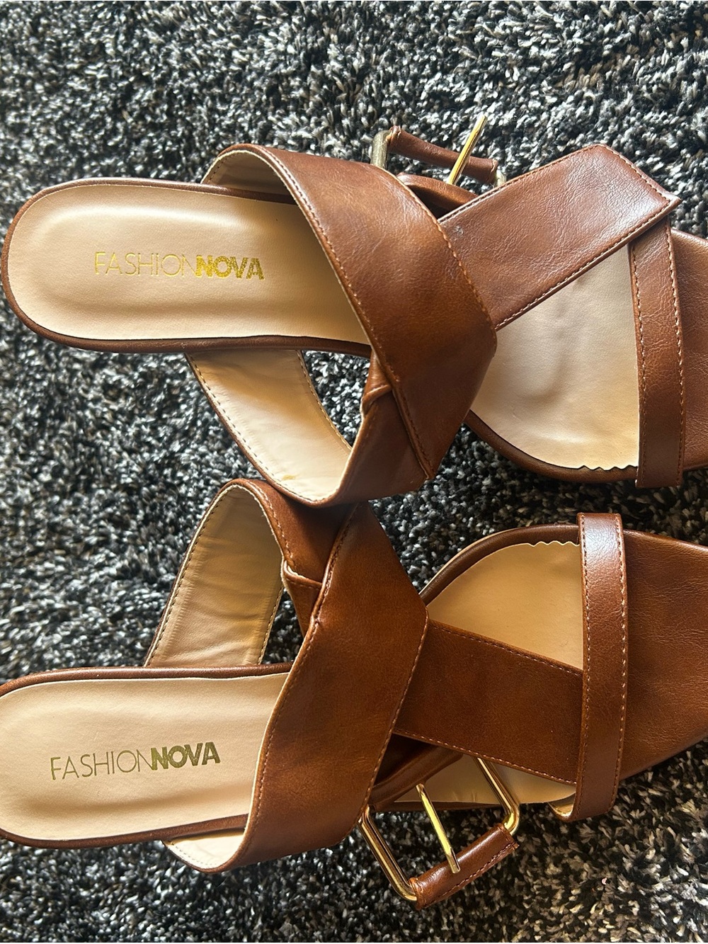 Fashion Nova Tan Brown Cross-Strap Slide Heels with Gold Buckle